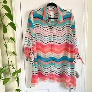 Chico's Watercolor Striped Tie-Sleeve Sheer Shirt, Women’s Size 8, Chicos Sz 1